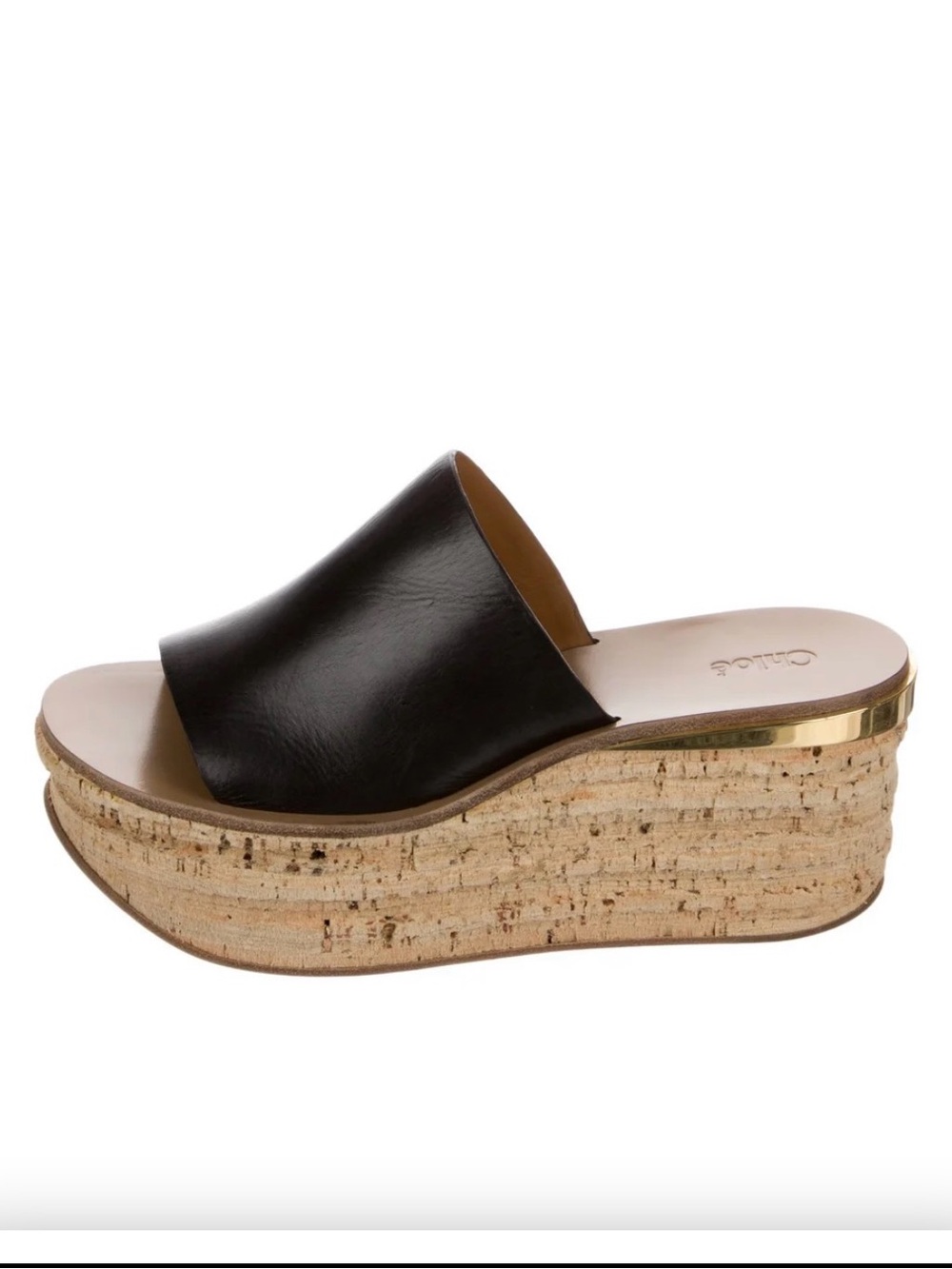 Chloé Black Leather Cork Wedge Mule with Gold Trim